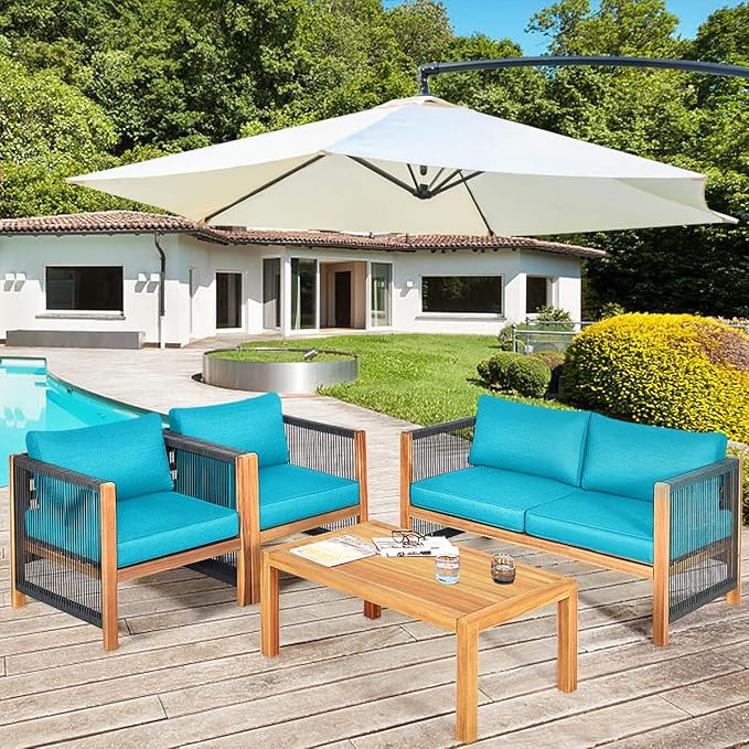 Tangkula Outdoor Wood Furniture Set, Acacia Wood Loveseat Sofa, 4 Single Chairs and 2Coffee Tables, 8 Pieces Conversation Set with Cushions, Garden Balcony Poolside Outdoor Living Set (2, Turquoise)