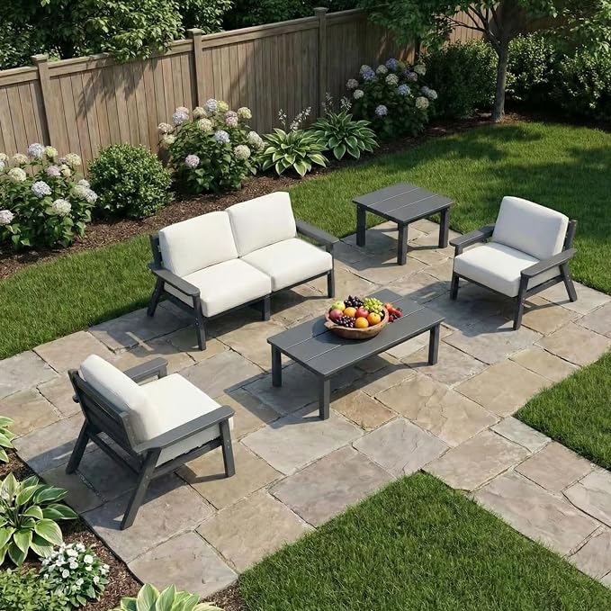Kingdura HDPE Patio Furniture Set, 6 Piece Outdoor Sectional Sofa with Coffee Table & Side Table, All Weather Outdoor Couch Conversation Set with Washable Cushions for Backyard Poolside Balcony