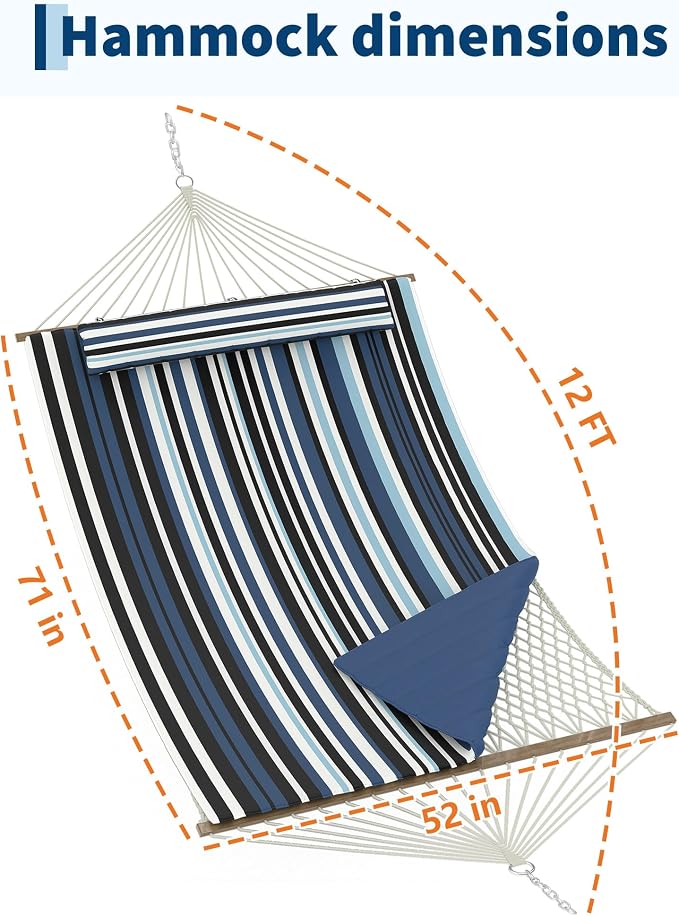 Garvee 2 Person Outdoor Hammock with Stand, Cotton Rope Hammock with Polyester Pad, Adjustable Steel Frame, 2-in-1 Hammock for Patio, Backyard, Garden, Beach（Dark and Light Blue Stripes）