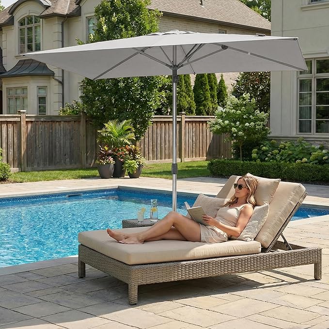PURPLE LEAF 6 X 10 FT Commercial Rectangle Patio Market Umbrella Semi Auto Heavy Duty 1.9" Aluminum Pole 6 Sturdy Ribs for Outdoor Dining Business Restaurant Poolside Hotel Resort Wedding Venue Cafes Garden White