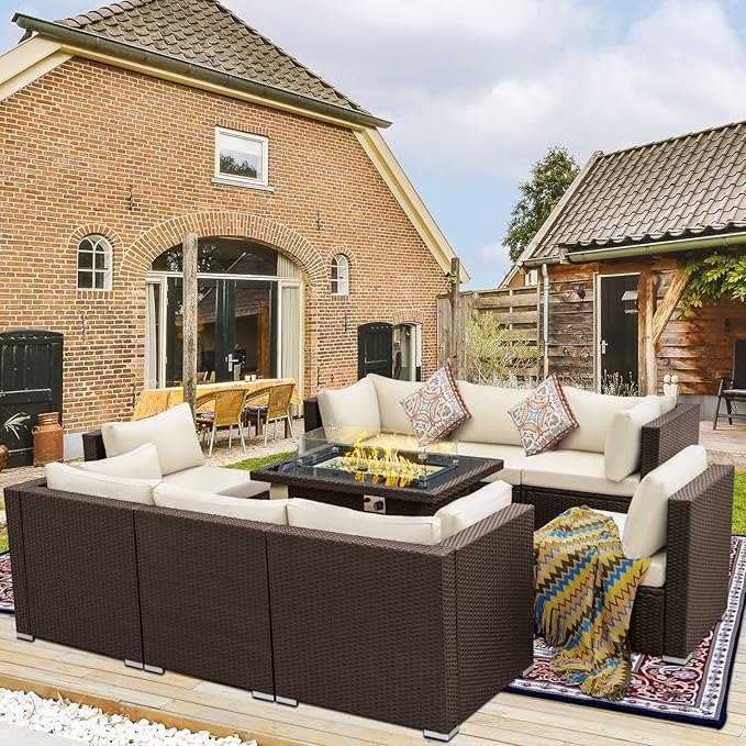 BULEXYARD 9 Pcs High Back Outdoor Sectional Set with Firepit Table, High-End Patio Furniture Seating Set, Big Oversized Wide Deep Modular 8-Seater Couch Sofa for Backyard, Brown Wicker & Beige Cushion
