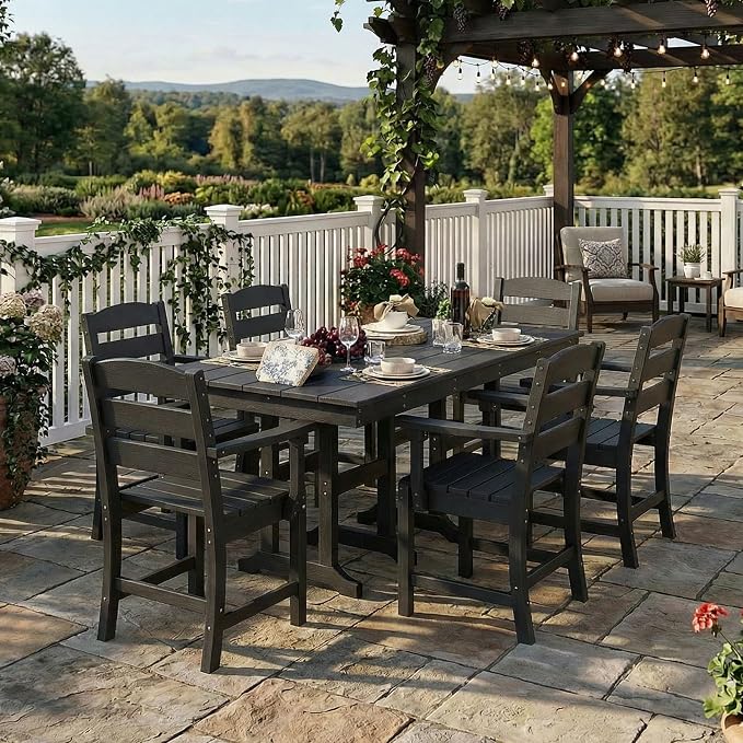 HOPUBUY 5 Pieces Patio Dining Set for 4, 71" HDPE All-Weather Patio Table and Chairs Set with Umbrella Hole, Durable Outdoor Furniture Set for Garden, Backyard, Lawn & Poolside (Black)