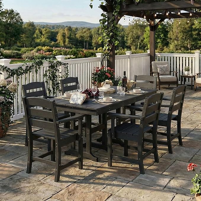 HOPUBUY 5 Pieces Patio Dining Set for 4, 71" HDPE All-Weather Patio Table and Chairs Set with Umbrella Hole, Durable Outdoor Furniture Set for Garden, Backyard, Lawn & Poolside (Black)