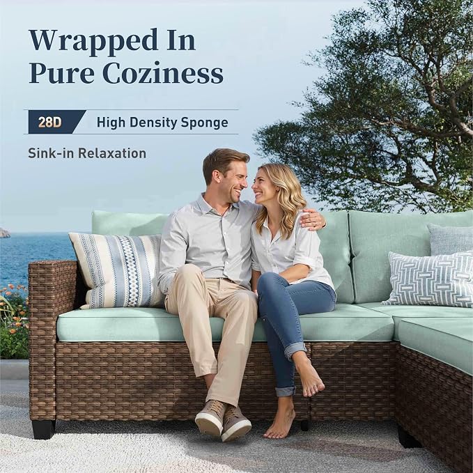 SUNSHINE VALLEY Swivel Glider Patio Furniture Set Outdoor Furniture Brown Wicker Rattan Patio Conversation Sets with Cushion Outside Sofa Set,5 Pieces 7 Seats,Blue