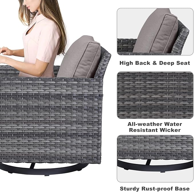 Belord Wicker Chairs Outdoor Bistro Set Oversize Patio Swivel Rocker, Rattan Outdoor Seating Set of 2 Swivel Glider Chairs Wicker Furniture for Porch Deck Backyard with Water-Resistant