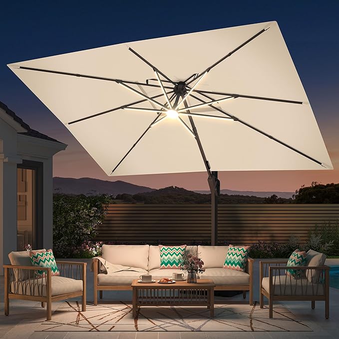 10' X 13' Patio Umbrella with Weighted Base and LED Lights Outdoor Cantilever Large Rectangle Offset Umbrellas Heavy Duty Aluminum Double Top with 360-degree Rotation for Pool Garden Deck, Beige