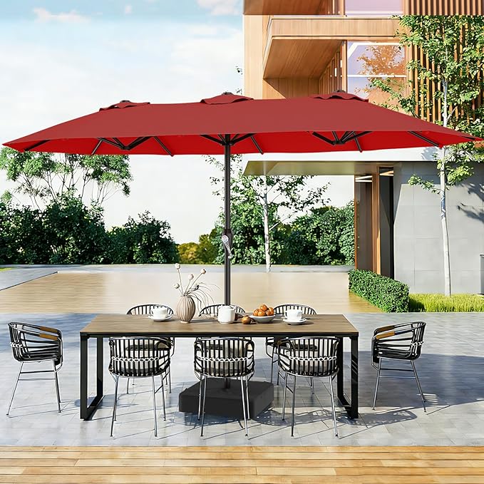 AreShark 15FT Outdoor Patio Umbrella with Crank, Large Rectangular Market Umbrella, Double-Sided Outdoor Umbrellas with Cross Base & Sandbag for Porch, Lawn, Pool, Backyard, Red