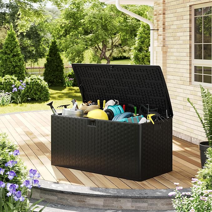 CABIHOME 99 Gallon Outdoor Resin Deck Box, Waterproof Lockable Patio Storage Bench with Handles, Large All-Weather Container for Furniture Cushions Garden Tools Pool Accessories