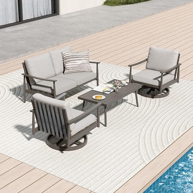4 Pieces Patio Furniture Set, Aluminum Outdoor Patio Furniture Sets, 2 Swivel Chairs and Loveseat with Thick Cushion, Patio Conversation Set for Backyard Deck Poolside, Greige & Grey