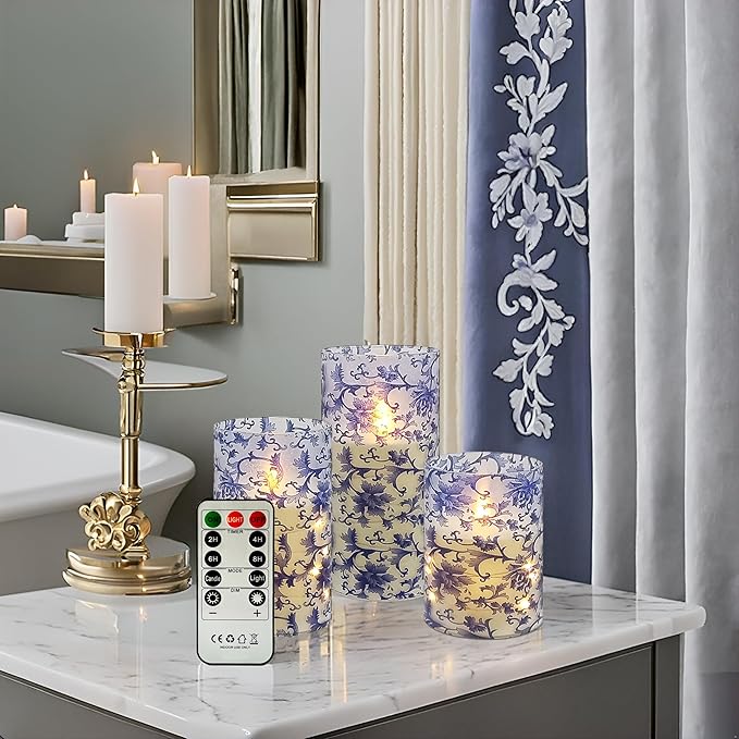 Floral Flickering Flameless Candles, Recessed String Light LED Candles 3D Wick Acrylic Battery Operated LED Pillar Candles with Remote and Timer for Home Decor Set of 3(Blue & White)