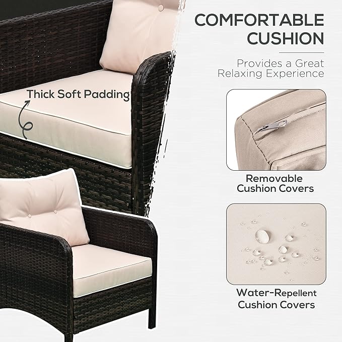 Outsunny 5 Pieces Rattan Wicker Lounge Chair Outdoor Patio Conversation Set with 2 Cushioned Chairs, 2 Ottomans and Tempered Glass Top Coffee Table, Brown/Beige