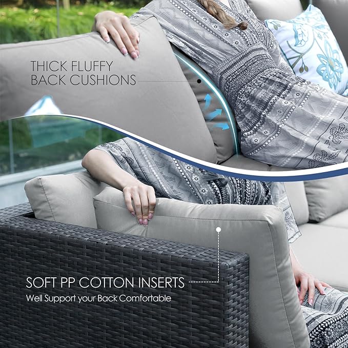 NICESOUL 11 Piece Sectional Outdoor Set with Loungers, Modern Large Backyard Seating with Firepit, 29.3'' High-Back Deep Patio Couch Sofa, Heavy Duty All-Weather Wicker Furniture for Deck, Light Grey
