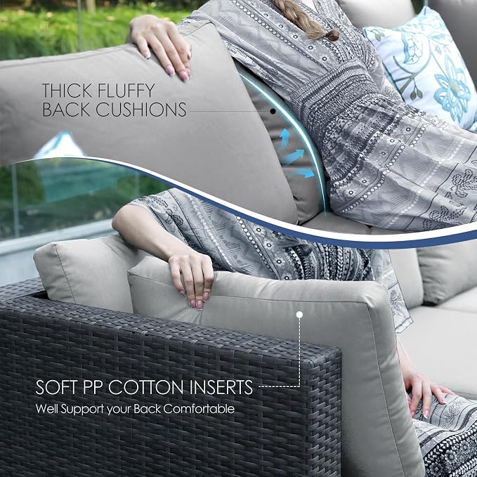 NICESOUL 15 Piece Outdoor Sectional with Fire Pit Table, Modern Luxury Patio Deep Seating w/Firepit, 29.3'' High-Back Wicker Couch Thick, Big High-Weight Capacity Sofa for Terrace, Yard, Light Gray