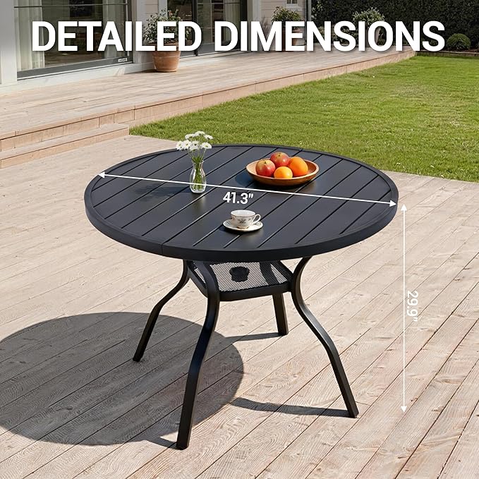 41" Round Outdoor Dining Table for 4 Person, Metal Patio Dining Table with Adjustable Umbrella Hole, Partitioned Storage Shelf for Garden, Backyard and Porch, Black