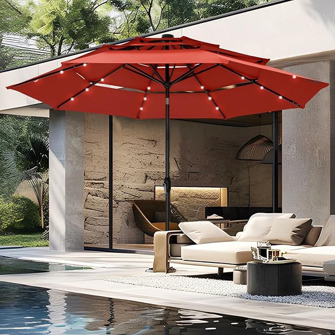 PHI VILLA 10ft Patio Umbrella with Light, Outdoor Large Auto-Tilt 3 Tier Market Table Umbrellas with 8 Sturdy Ribs and 1.5" Pole for Lawn Poolside Garden Terrace, Orange Red