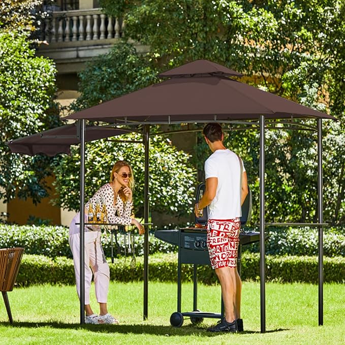 FAB BASED 5x8 Grill Gazebo with Extra Awning, All-Weather Steel Construction, Double Tiered & Resistant Canopy Roof, Metal Serving Shelves, 2 LED, Bottle Opener for Patio, Backyard, BBQ (Brown)