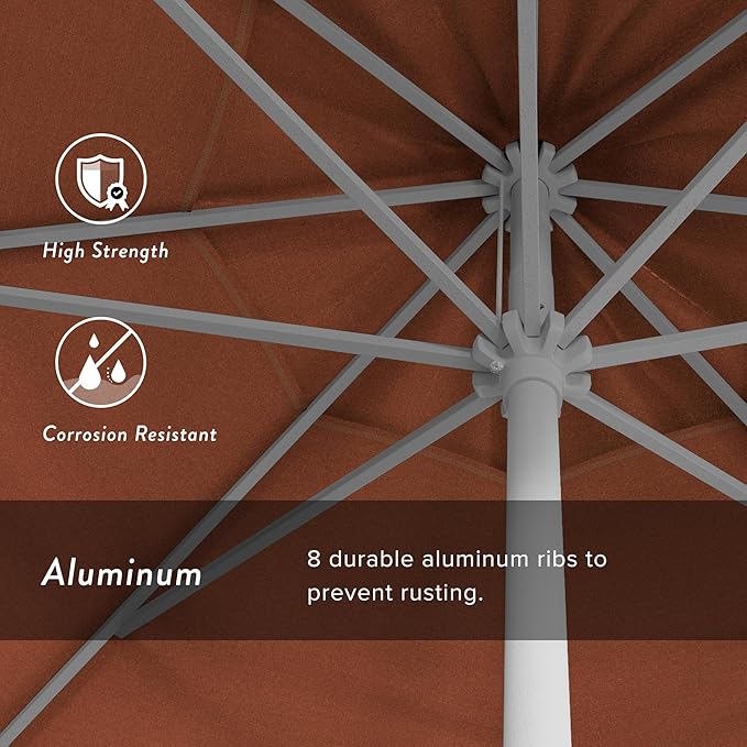 California Umbrella 12-Year Protection 9' Rd Aluminum Patio Umbrella, Crank Lift, Auto Tilt, White Finish, Sunbrella Melon