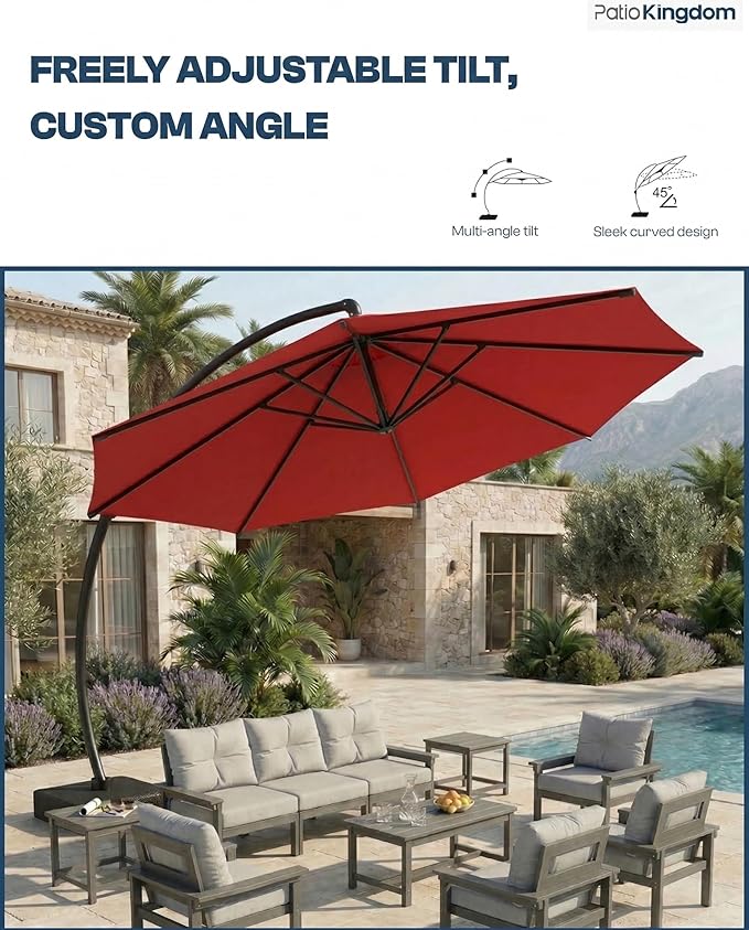 12 FT Cantilever Umbrella with Base Included, Large Round 360° Rotation Offset Umbrella Outdoor Patio, Heavy Duty Aluminum Frame, Sand-Weighted Stand, for Deck, Backyard, Pool, Garden (Red)