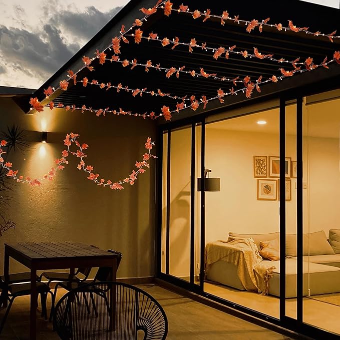 VCOKEN Thanksgiving Decorations Fall Garland with Lights, 24LED Battery Operated Thanksgiving Lights with Timer, Fall Decor for Home, Table, Mantle, Office, Outdoor, Autumn, Halloween, Yellow
