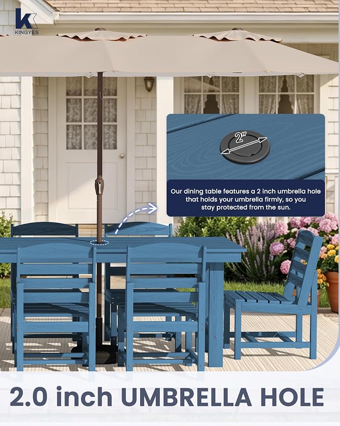 KINGYES 7-Piece Patio Dining Set, HDPE Table and Armless Chairs Outdoor Furniture Set with Umbrella Hole, Blue