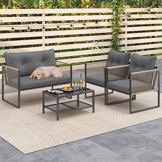 Tangkula 4 Pieces Patio Furniture Set, Outdoor PE Rattan Conversation Sofa Set with Thick Cushions and 2-Tier Tempered Glass Coffee Table for Garden, Porch, Balcony and Backyard (Grey,1)