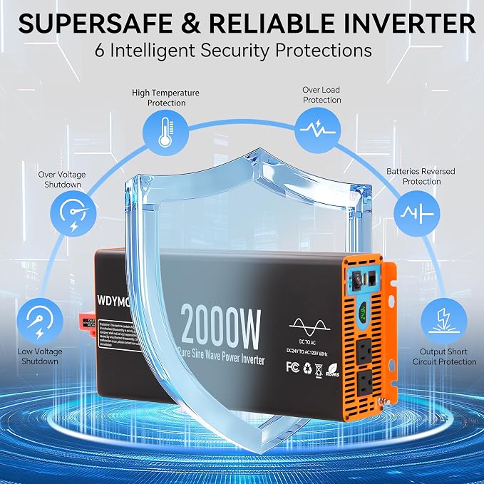 2000W Pure Sine Wave Inverter,24V DC to 120V AC Car Power Inverter 4000W Peak with 2AC Outlets, 3.0A USB and Type-C, LCD Display 16.5 ft Remote Control for RV Truck Travel Solar Emergency