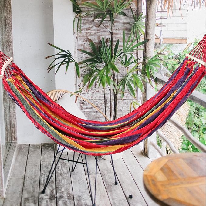 VOSAREA Striped Canvas Outdoor Hammock Swing Bed for Camping Hiking, Single-Person 190x150cm with Curved Rod, Duckbill Buckle, Rope and Storage Bag