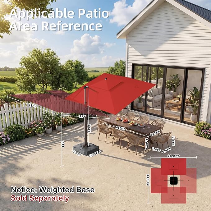 9' X 12' Patio Umbrella with LED Lights Outdoor Cantilever Large Rectangle Offset Umbrellas Heavy Duty Aluminum Double Top with 360-degree Rotation for Pool Garden Deck, Red