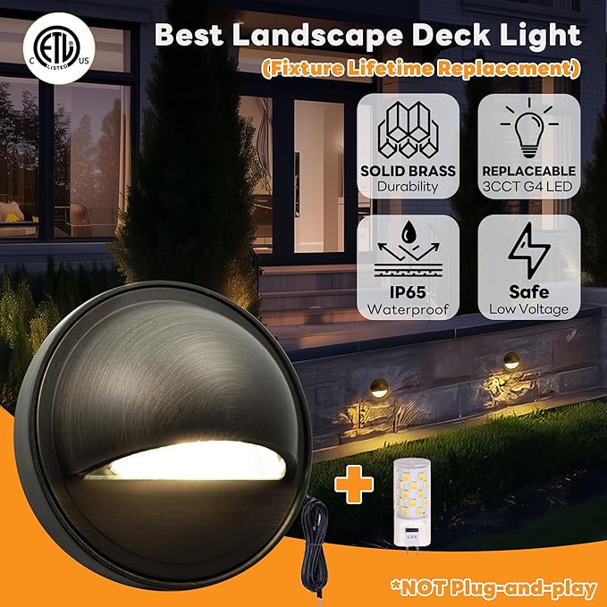 Gardenreet Low Voltage Deck Lights - Solid Brass Landscape Step Lights LED, 12V Hardwired IP65 Waterproof, Bronze Round for Stair Wall Yard with 3W 270LM Dimmable Warm & Neutral White G4 Bulb 8 Pack