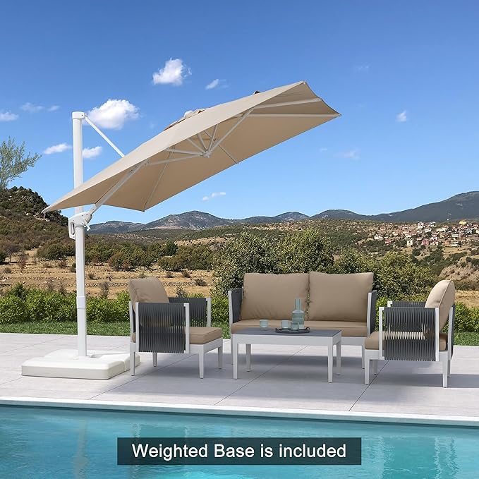 PURPLE LEAF 8 FT Patio Umbrella With Base White Cantilever Umbrella Square Outdoor Offset Umbrella Windproof with 360° Rotation for Garden Deck Pool, Beige