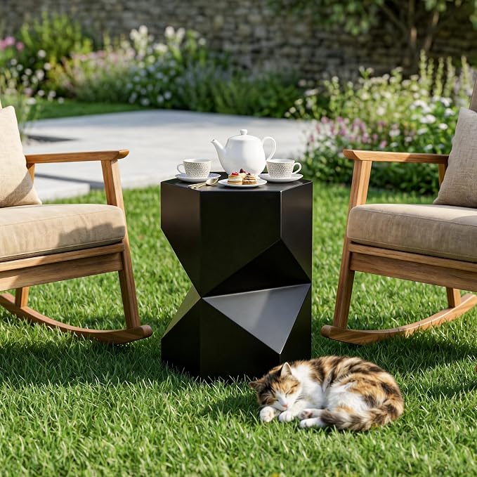 COSIEST MgO Concrete Side Table, 18 Inch Hexagonal Geometric Outdoor End Accent Table, All-Weather Patio Garden Stool, Modern Plant Stand & Coffee Table for Balcony Backyard, Black, 1 Pack