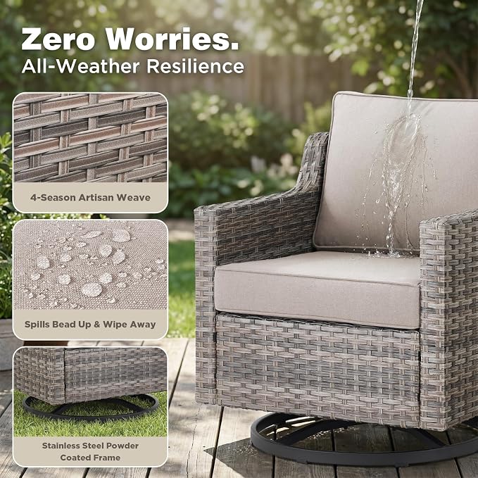 Belord Patio Wicker Swivel Rocker Patio Chairs with 3-Seater Sofa, Outdoor Rattan Chairs for Deck Porch Poolside, 10 Piece Patio Conversation Furniture Set,Beige