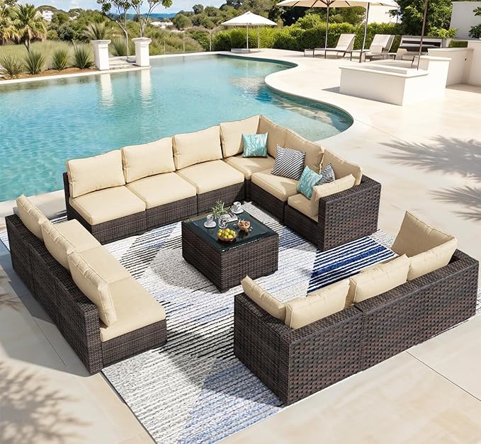 13 Piece Patio Furniture Set All Weather PE Rattan Outdoor Sectional Sofa Couch with No-Slip Cushions and Glass Top Table for Garden, Poolside, Backyard (Beige)