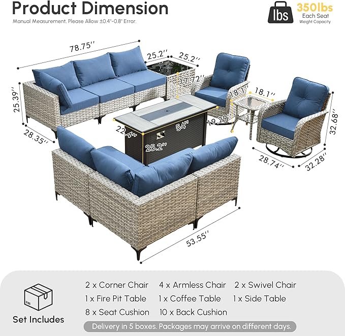 Outdoor Patio Furniture Sets,11 PCS Patio Conversation Set Outside Rattan Sectional Sofa with 54 in Fire Pit Table Wicker Rocking Chair Coffee Table Fit Backyard Porch Garden Poolside Balcony