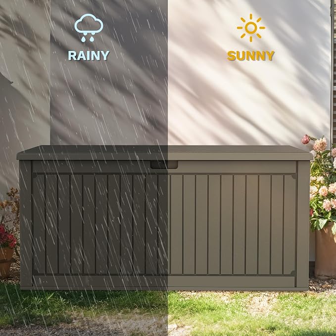 DWVO 320 Gallon Resin Outdoor Storage Box, XXL Double-Wall Waterproof Deck Box with Divider, Doubles as Table or Seating with 1000 lbs Capacity, Lockable (Light Brown)