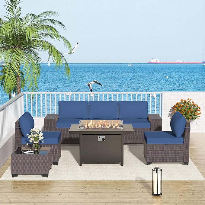 Patio Furniture Set 7 Pieces Outdoor Furniture Patio Conversation Set w/43in Aluminum Gas Fire Pit,PE Rattan Wicker 7 Pcs Outdoor Sofa Set w/55000 BTU Propane Fire Pit Table,NavyBlue