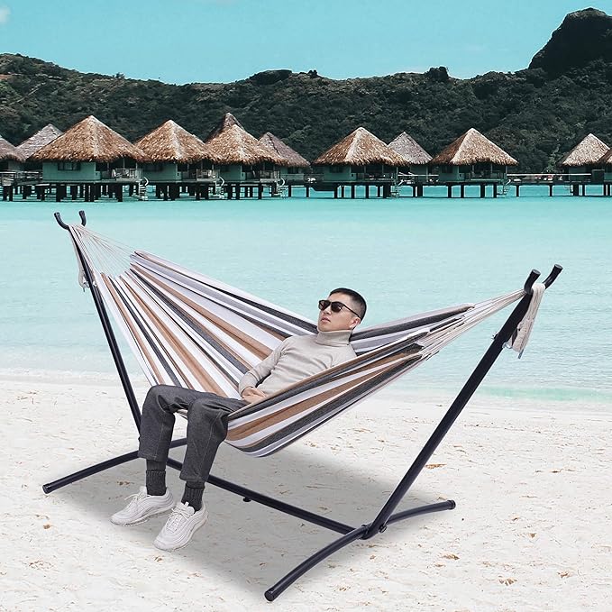 Double Classic Hammock with Stand for 2 Person- Indoor or Outdoor Use-with Carrying Pouch-Powder-Coated Steel Frame - Durable 450 Pound Capacity,Brown/Gray Striped
