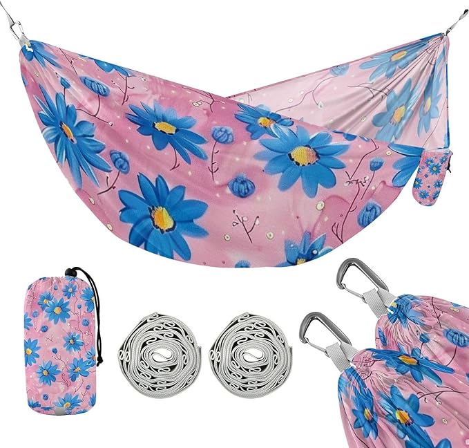 Oil Painting with Retro Blue Flowers 330lb Capacity Outdoor Hammocks with Portabl Carry Bag Backyard Hammock for Outside Beach Patio Garden Base para poner hamaca