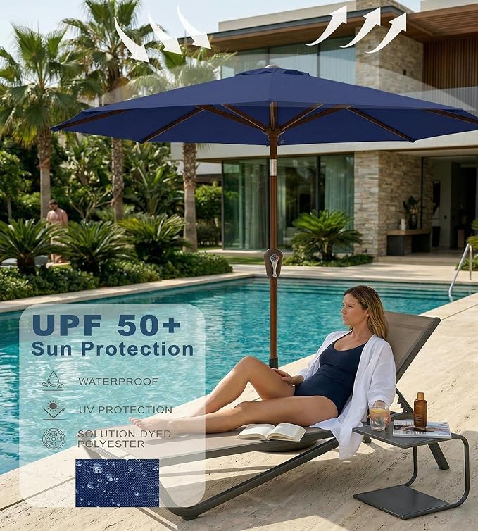 PatioKingdom 10FT Patio Umbrella with Push Button Tilt and Crank, Outdoor Market Umbrella with 8 Fiberglass Ribs, UV Protection Table Umbrella for Pool,Backyard,Garden,Deck