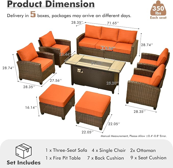 ovios 8 Pieces Patio Furniture Set, Outdoor Wicker Sofa Couch with 54" Fire Pit Table Comfy Cushions, All Weather Brown Rattan Conversation Set for Backyard Deck, Orange Red