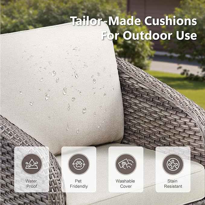 Belord 5 Pieces Patio Furniture Set - High Back Outdoor Swivel Rocker Chairs with Thick Cushions 2 Ottoman and Side Table, Wicker Patio Conversation Sets for Porch Deck Garden Backyard Grey/Beige