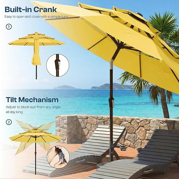 10ft Patio Umbrella, 3 Tier Outdoor Market Table Umbrellas with 8 Fiberglass Ribs and Push Button Tilt, Windproof, Vented Canopy, UV Protection for Deck, Pool, Backyard