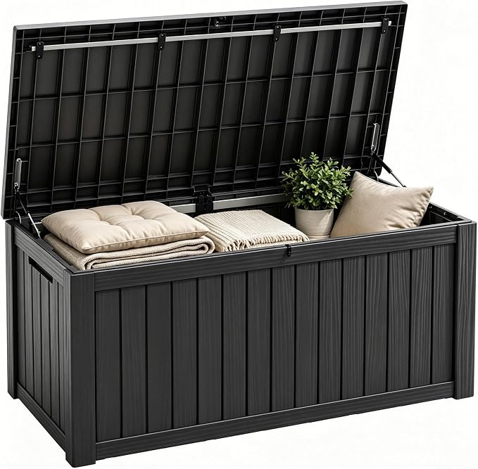 Fancyango 140 Gallon Outdoor Deck Box Waterproof, Large Storage Box for Patio, Resin Storage Bench Lockable for Garden Tools, Package Delivery, Black