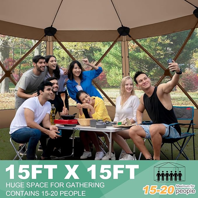 COBIZI 15x15 FT Pop Up Gazebo - Canopy Tent, Large Gazebos On Clearance,Instant Screened in Gazebo,carpas para Patio,Portable Screen Tents for 12-15 Persons Outdoor Camping, Backyard,Khaki