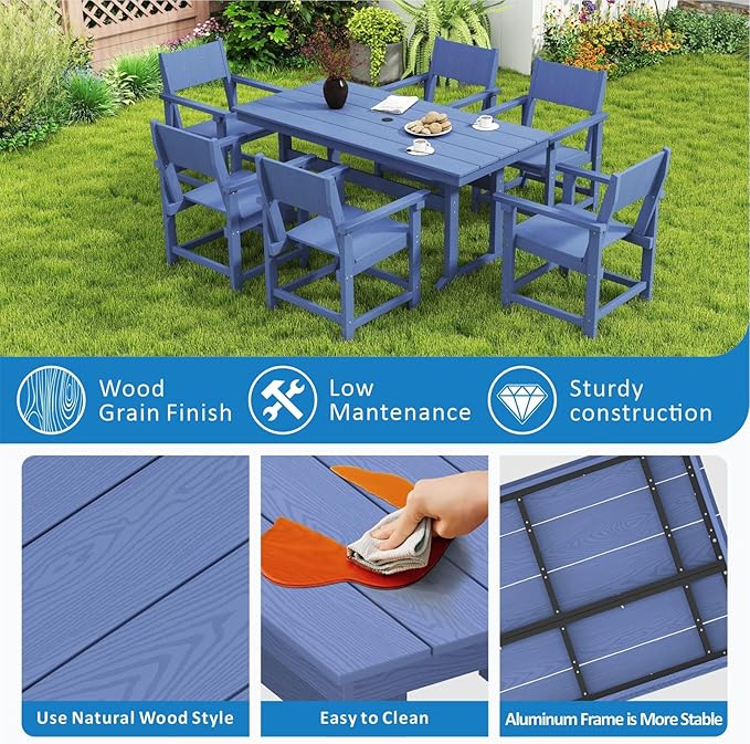 7-Piece HDPE Outdoor Patio Dining Set,Outdoor Table and Chairs,Modern Plastic Dining Sets with Umbrella Hole Cut-Out Table and 6 Chairs Navy