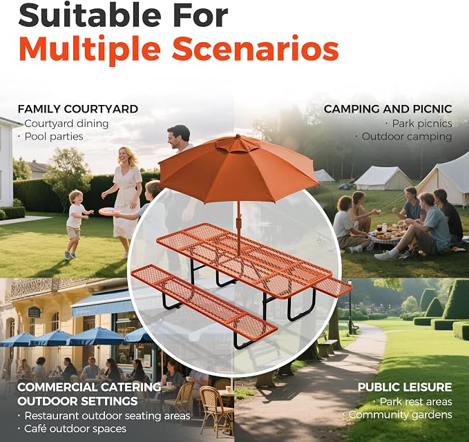 72 Inch Heavy Duty Picnic Table for Outdoors, Rectangular Camping Table with Benches and 1.78" Umbrella Hole, Commercial Grade Steel Frame, 2200 lbs Load Capacity, Orange