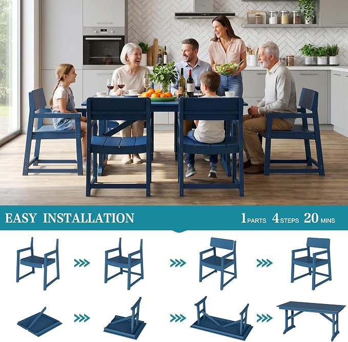 Vongrasig 7 Pieces Patio Dining Set, All Weather Outdoor HDPE Dining Furniture Set with Table and Chairs for 6, Patio Furniture Set with Umbrella Hole for Lawn, Backyard, Poolside, Blue