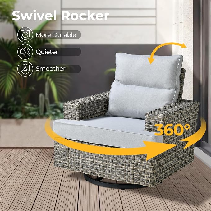 HOOOWOOO Sectional Patio Furniture Set with Fire Pit Table,17 Pieces Wicker Outdoor Furniture L Shaped Couch,Outside Conversation Set Extra Deep Sofa Wide Arm Swivel Chairs Ottoman Solar Light,Gray