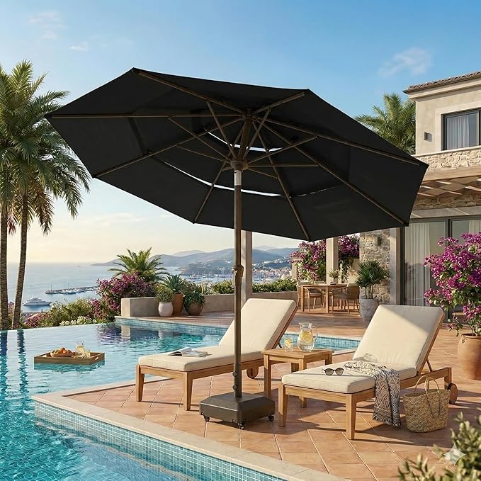10ft Patio Umbrella, 3 Tier Outdoor Market Table Umbrellas with 8 Fiberglass Ribs and Push Button Tilt, Windproof, Vented Canopy, UV Protection for Deck, Pool, Backyard