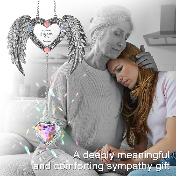 Sun Catcher Memorial Gifts A Piece of My Heart is in Heaven,Heavenly Wings Sympathy Gift for Loss of Loved One, Crystal Suncatcher for Windows, Bereavement & Grief Gift for Women, Remembrance Decor